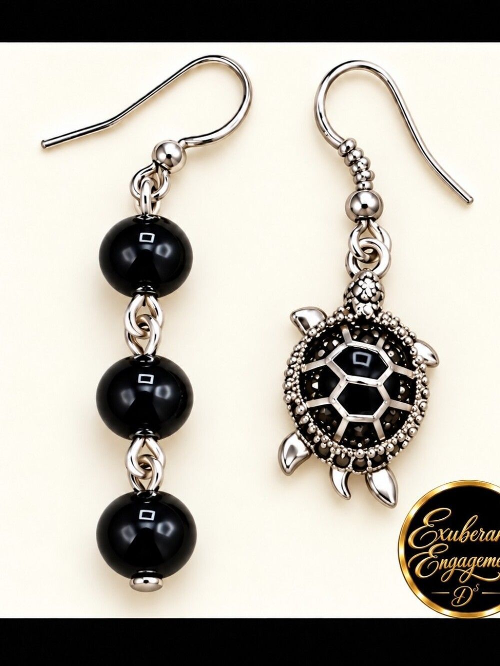 Exuberant Engagements  Black Turtle/Bead Drop Earrings